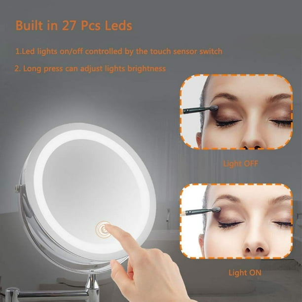Miroir cosmétique, grossissement 10x, deux côtés, avec éclairage LED,  pliable, noir