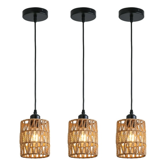 Woven Pendant Light Set of 3, Adjustable Hanging Kitchen Island Indoor Ceiling Light Brown