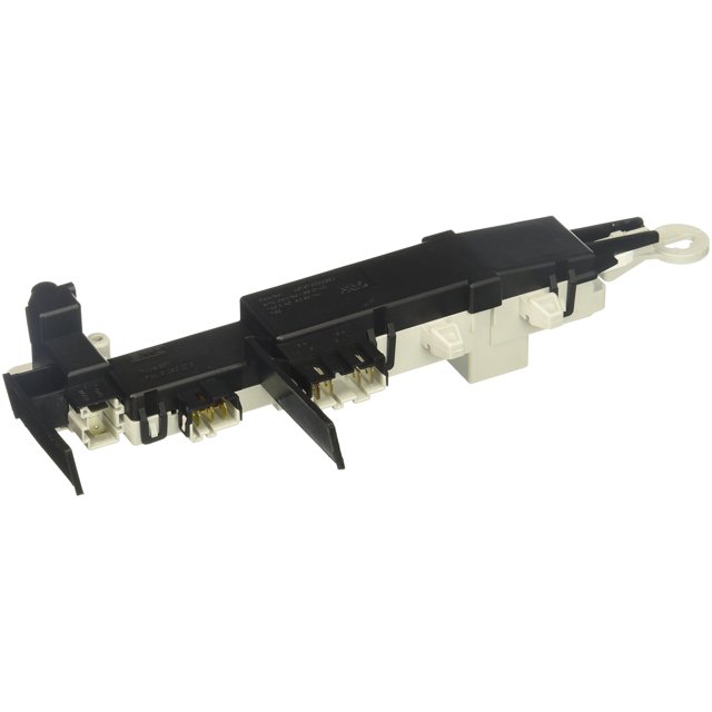 Interruptor de bloqueo de puerta para lavadora Samsung DC64-00519B, ensamblaje plástico alargado en vista frontal con conectores eléctricos dorados, lengüetas de anclaje y pestillo, repuesto original modelo DC64-00519B para lavadoras y secadoras Samsung; a menudo usado como pieza de recambio para restaurar el cierre de puerta.
