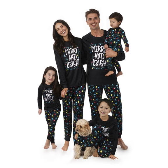 Yuaguia Family Christmas Matching Pajamas Set, Merry and Bright Light Print Long Sleeve Tops and Black Pants, Holiday Sleepwear, Baby 9 Months