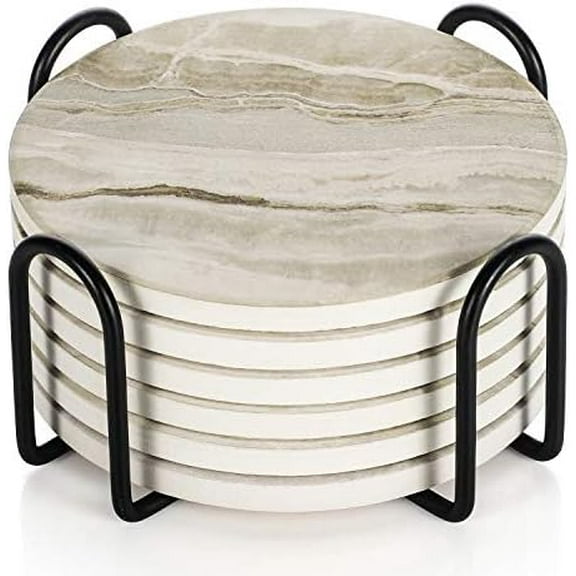 Drink Coasters with Holder, Absorbent Coaster Sets of 6, Marble Style Ceramic Drink Coaster for Tabletop Protection,Suitable for Kinds of