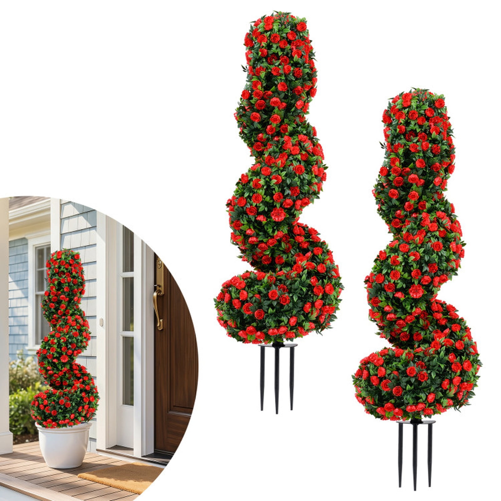 Vebreda Artificial Plant Decor, Set of 2 Artificial Spiral Topiary Trees with Sun Protection and Ground Spikes, Lifelike & Chic Design