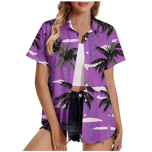 Pantalones Cortos para las Mujeres Sexy, Blusas de Estilo Hawaiano Impreso, Botón Arriba Cuello Turndown Superior