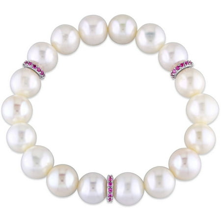 Tangelo 9-9.5mm White Cultured Freshwater Pearl and 1/2 Carat T.G.W. Created Ruby Sterling Silver Rondelles Bracelet, 7