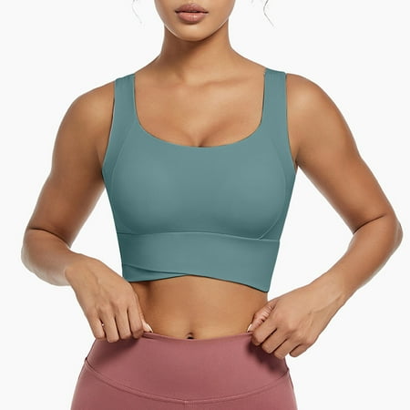 TrendVibe365 Long Sports Bras for Women Wirefree Push up Underoutfit Bralette Padded High Neck Wide Strap Support Longline Corset Full Coverage Crop Tank Top Sexy Lingerie Green M