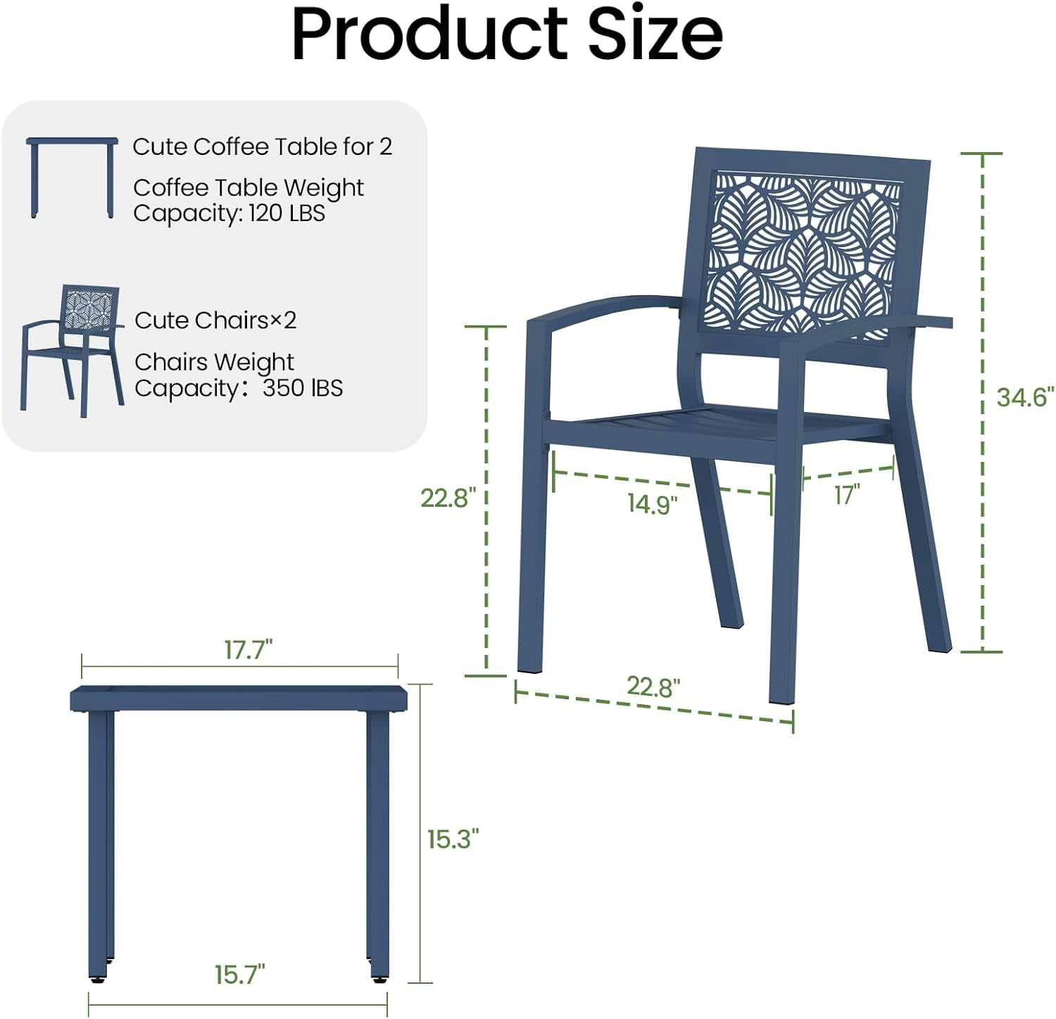 Bezseller 3 Piece Patio Bistro Set, Outdoor Steel Furniture Set, Stackable Modern Conversation Sets for Balcony Garden Deck Patio w/2 Chairs 1 Table, Peacock Blue