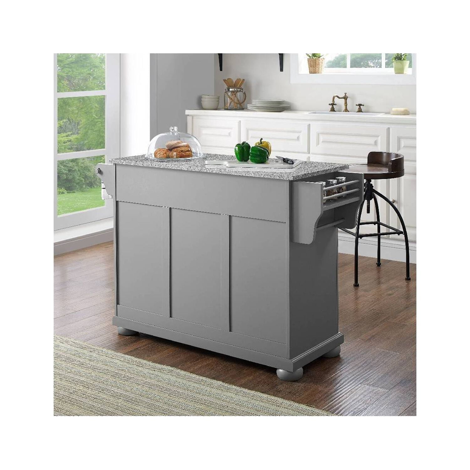 Alexandria Solid Black Granite Top Portable Kitchen Island in Classic  Cherry Finish