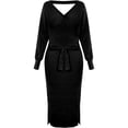 thumbnail image 4 of Vestido elegante de punto para mujer, cuello en V, manga larga y cinturón, 4 of 5