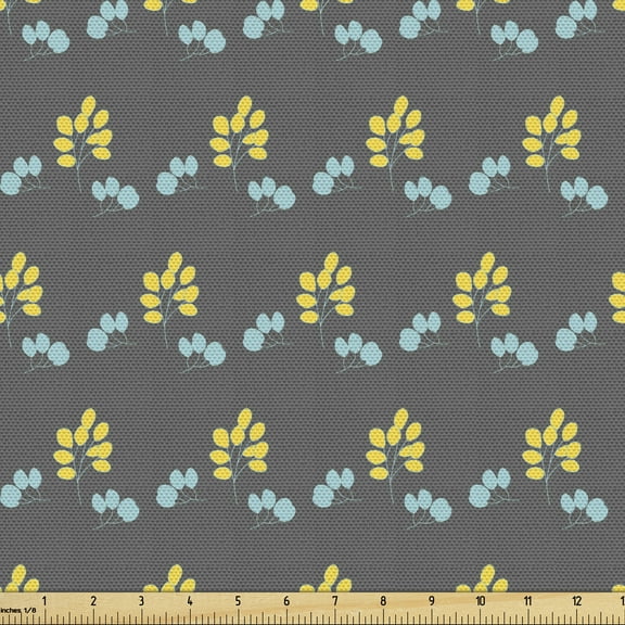 Floral Fabric by the Yard, Botanical Forest Bouquet Branches Summer Petals on Dark Background, Decorative Upholstery Fabric for Chairs & Home Accents, Mustard and Charcoal Grey by Ambesonne