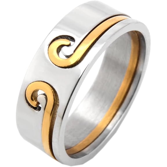 BQF Men's 8MM Two Tone Curved Pattern Stainless Steel Rings, Gold Vintage Statement Band, Unique Personalized Meaningful Ring Gift