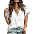 thumbnail image 4 of DeHolifer Women's Tops Cotton Linen V-Neck Ruffle Sleeve Solid Color Casual Lightweight Tee T-Shirts White L, 4 of 7