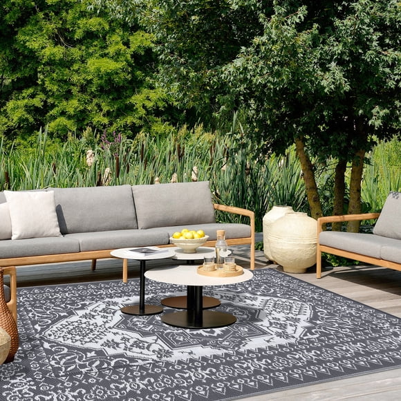 Hasoo 8' x 10' Gray/White Outdoor Rug Plastic Straw Rug Floral Waterproof PP Tube Woven Picnic Mat for Patio Decor Porch Balcony Picnic Rug