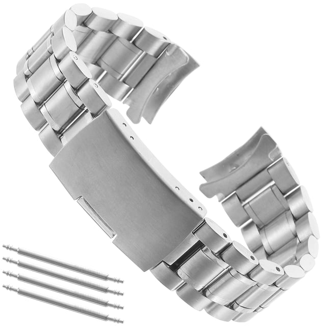 20mm Stainless Steel Solid Links Bracelet Watch Band Strap Curved End with 4pcs Watch Spring Bars (Silver)