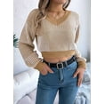 thumbnail image 2 of Women'S Cropped Sweater V-Neck Long Sleeve Crop Sweater Pullover Jumper Knit Top Khaki XL, 2 of 8