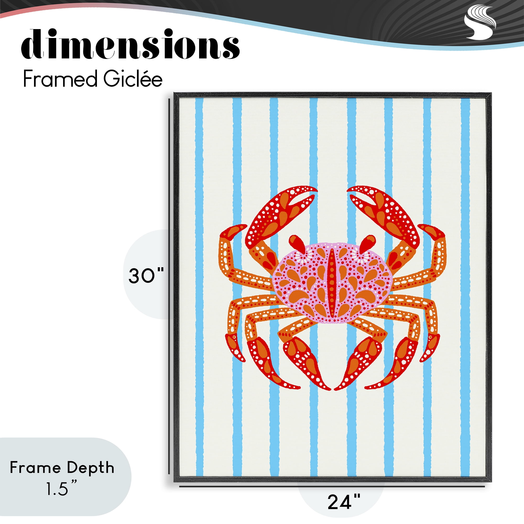 Stupell Industries Bright Crab on Stripes Black Framed Giclee Art, design by Indira Prieto | IndySign