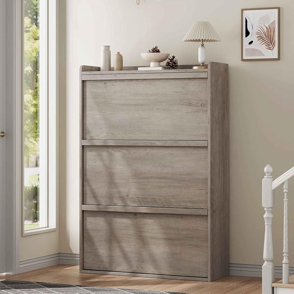 Shoe Cabinet with 3 Flip Drawers, Wooden Shoe Organizer Cabinet with Adjustable Shelf, Shoe Storage for Entryway, Hidden Shoe Cabinet for Hallway, Living Room, Grey