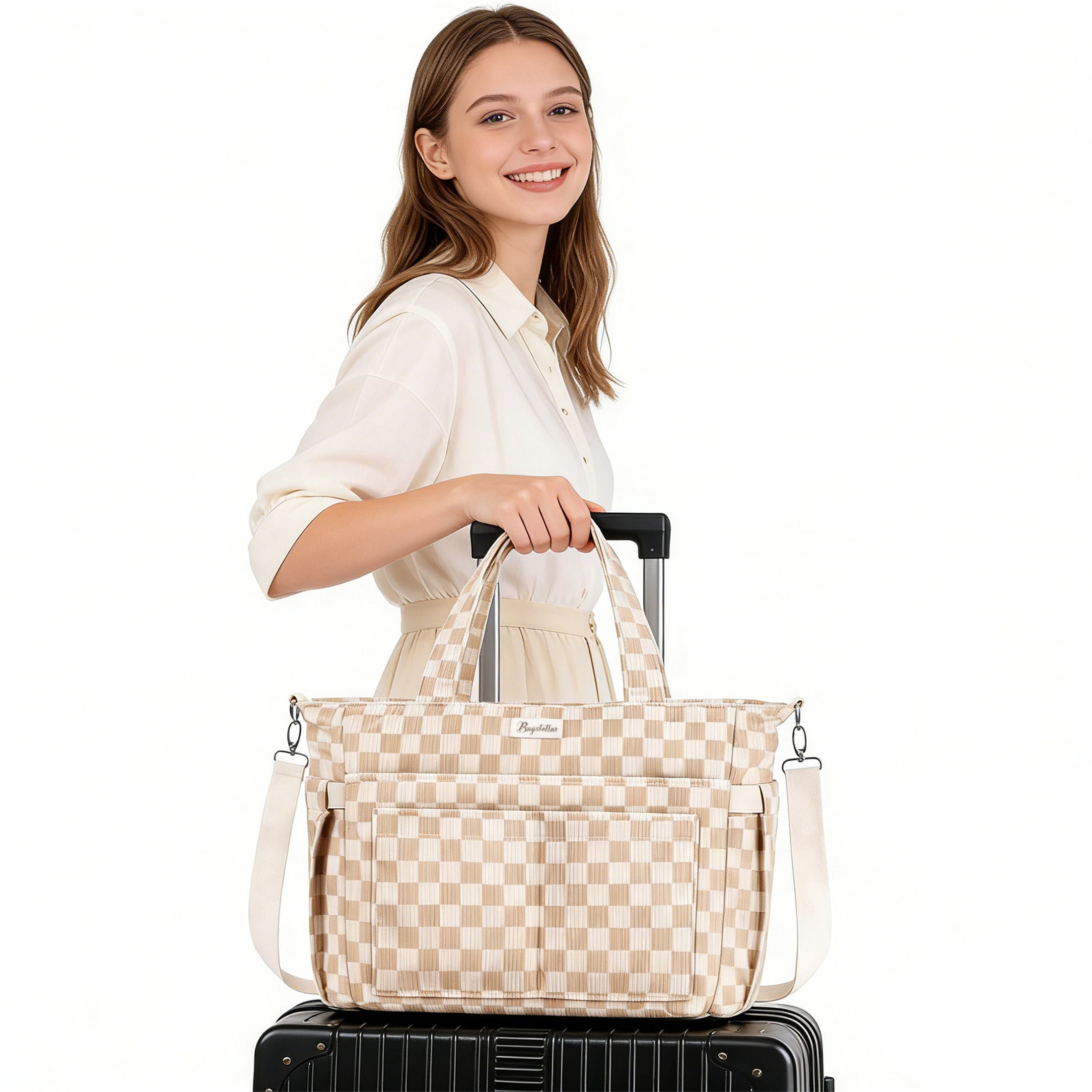 Corduroy Tote Bag for Women, Lightweight Work Laptop Tote Purse With 17 Pockets, Crossbody Shoulder Handbag for School Work Travel Gym, Checked Brown White
