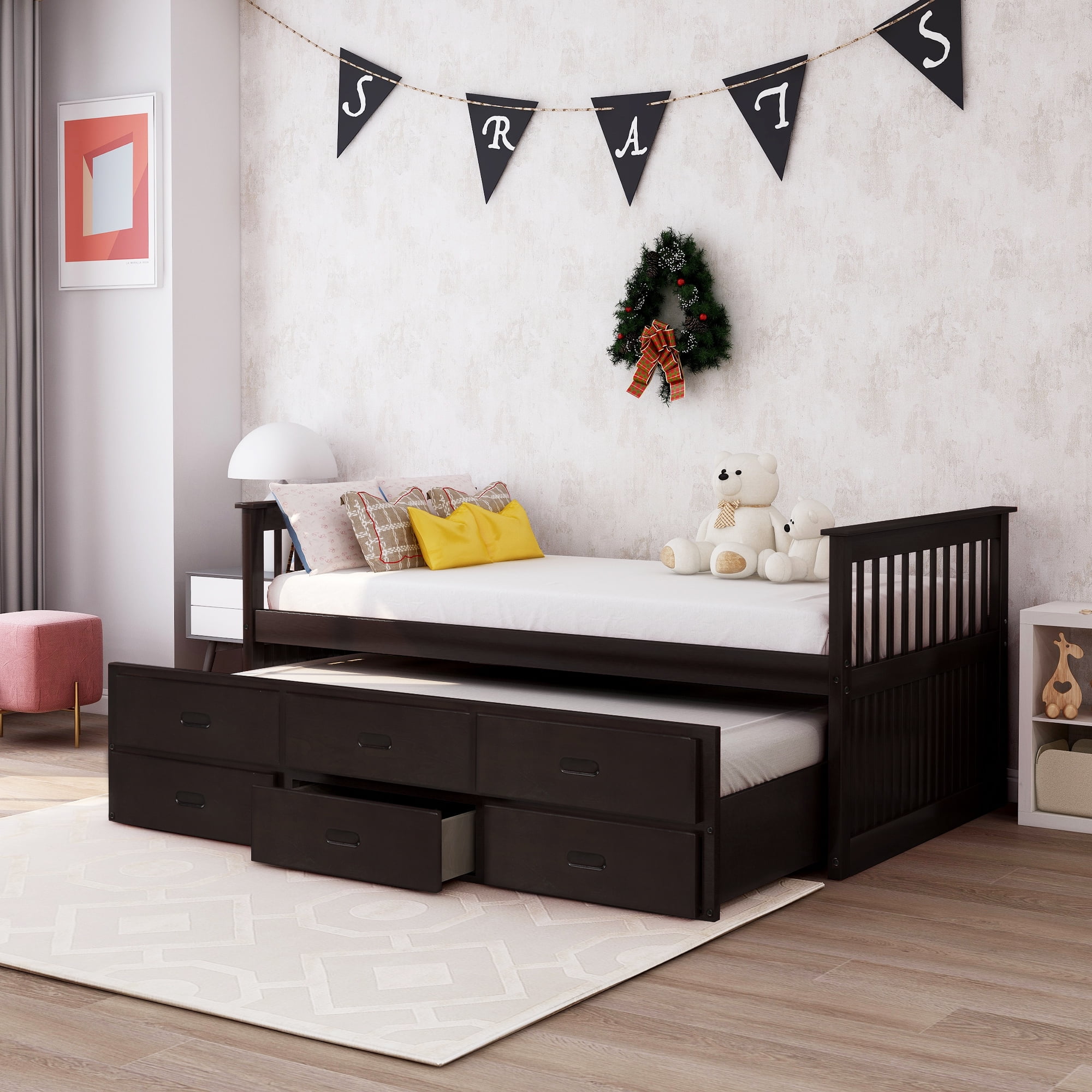 Merax Solid Wood Captain Bed with Trundle and Drawers, Twin, Multiple Colors