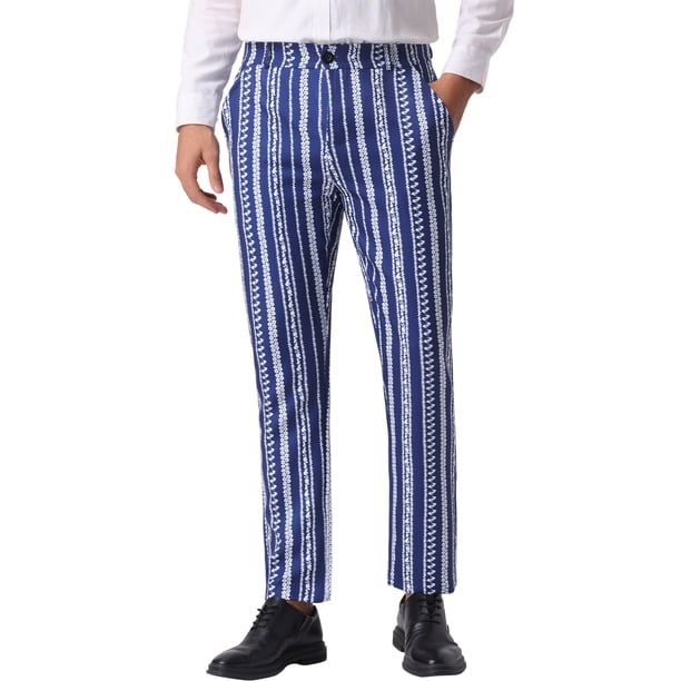 Pantalones de patrón irregular Inspire Chic para hombre, pantalones de frente plano con bloques de color y rayas, 32 azul marino