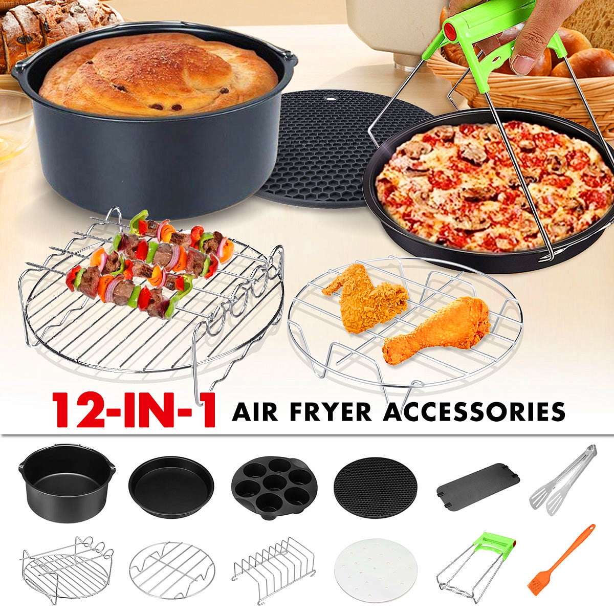 12Pcs/set 7'' Black Air Fryer Cooking Accessories Set Grill Pan, Grill