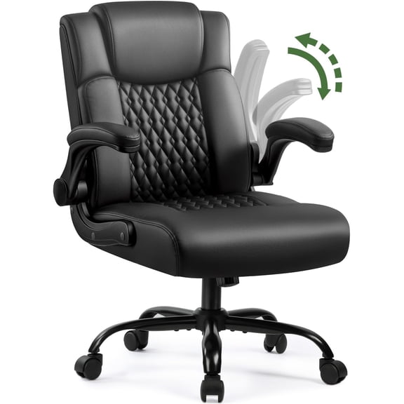 ONZA Leather Office Chair, PU Computer Desk Chair with Ergonomic Back Support, Small Office Desk Chairs with Wheels and Flip-up Armrest, Comfortable Black Home Office Desk Chair, for Short People Use