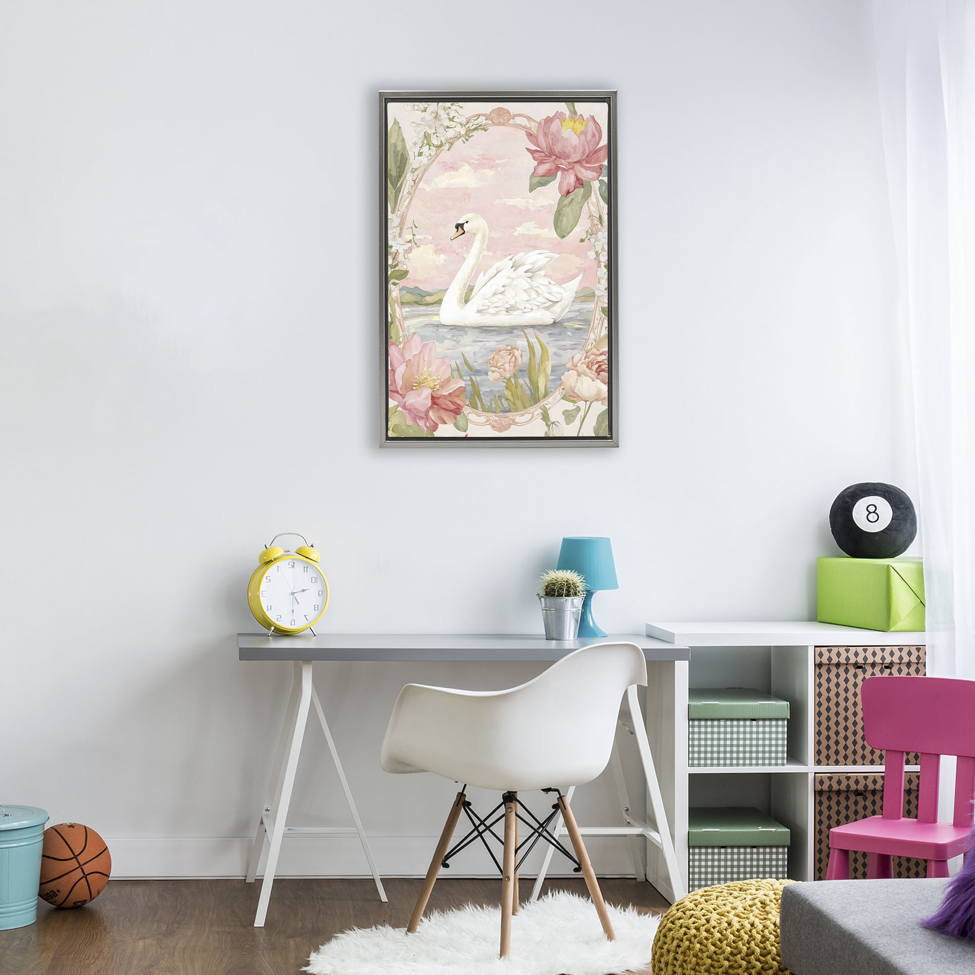 Stupell Industries Floral Border Swan in Bloom Gray Framed Floater Canvas Wall Art, design by Creative Studio