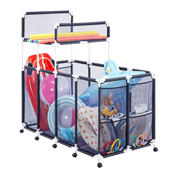 VEVOR Pool Storage Bin, 64.96 x 33.46 x 64.96 in, Rolling Pool Float Storage Organizer with Side Pockets & Noodles Holder Rack, Durable Plastic Frame, Poolside Toys Mesh Basket for Swimming Pools