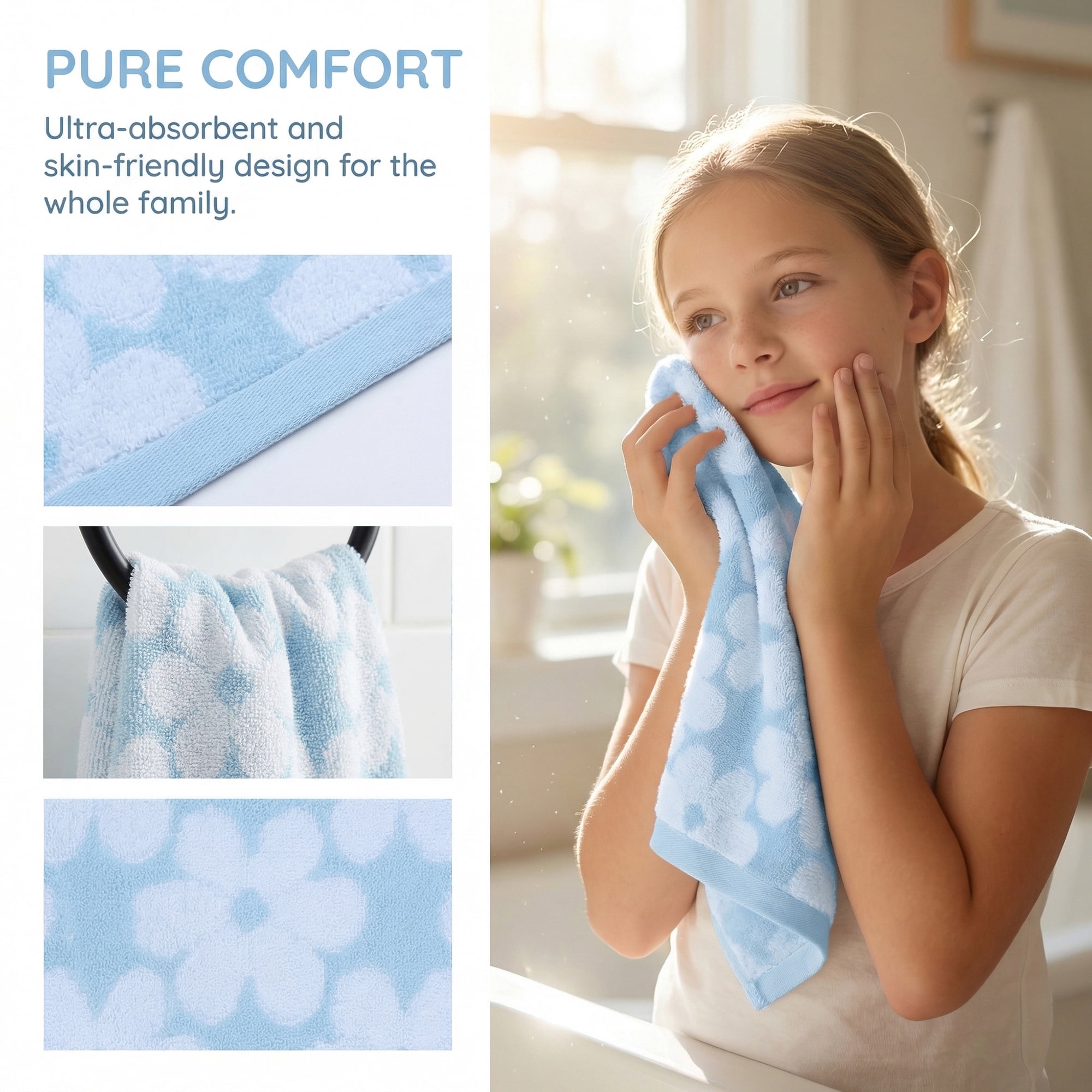 Unique Bargains Soft Absorbent Cotton Floral Print Washcloths Blue 6pk