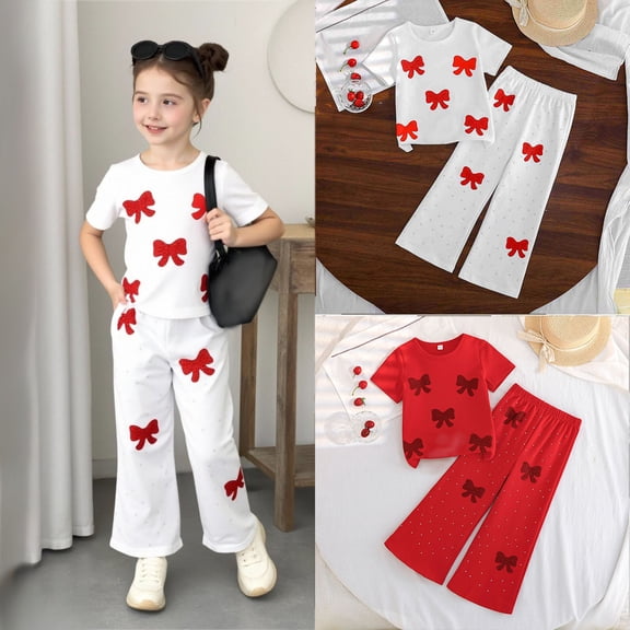 NAISIBABY Girls Outfit Set, Bow Graphic Short Sleeve T-Shirt and Glitter Pants Summer Fashion Clothes 2-Piece (4-9T)