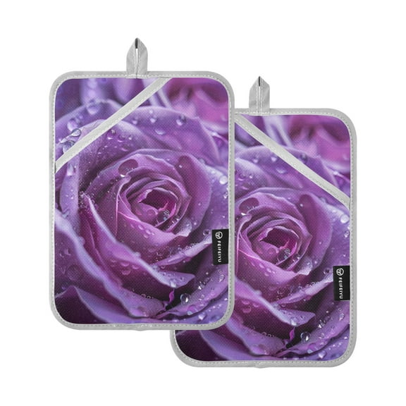 Pot Holders Set of 2 Heat Resistant 338℉ Kitchen Oven Gloves Potholder Cooking Baking Microwave Mitts Purple Rose Flowers
