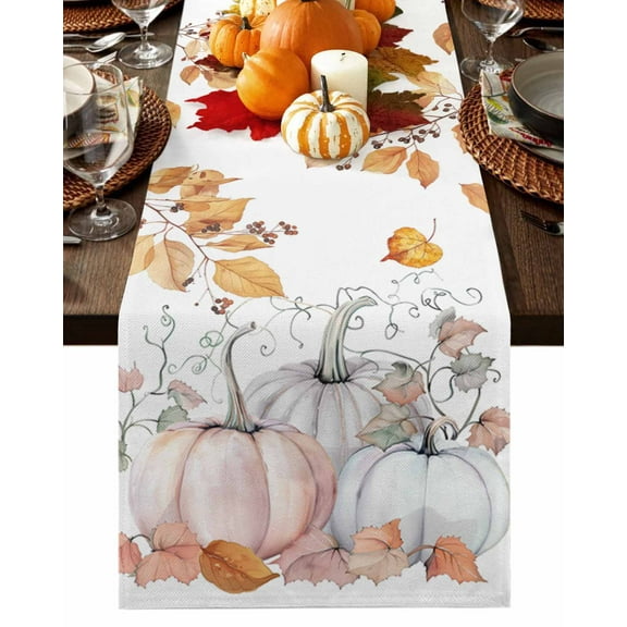 Thanksgiving Fall Farmhouse Pumpkins Table Runner-36 Inch Long Autumn Branches Leaves Table Runners Linen Burlap Tablerunner for Kitchen Dining Room Holiday Party