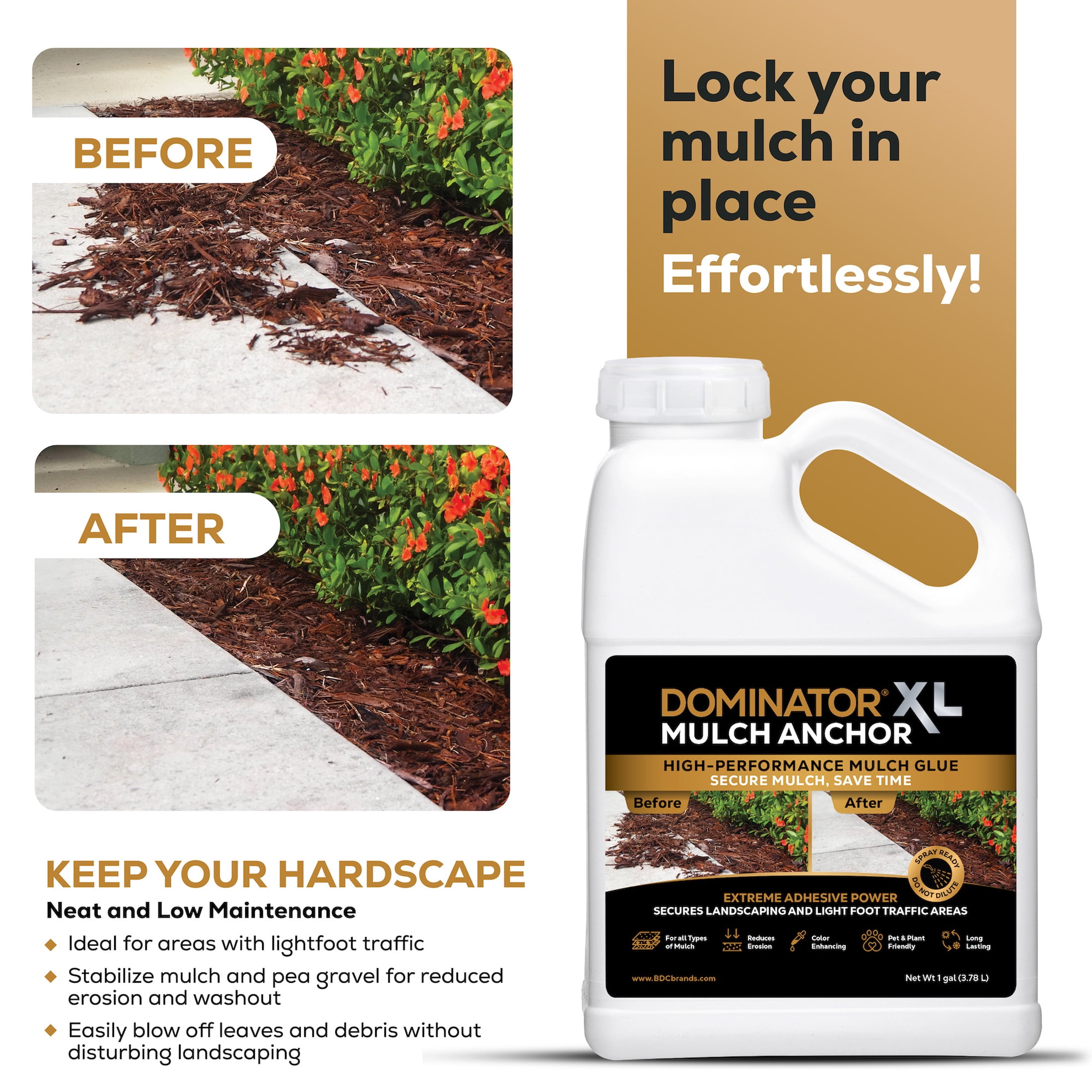 DOMINATOR XL Mulch Anchor 1 Gallon: Mulch Glue and Pea Gravel Stabilizer, Ready to Use Spray, Lasts up to 2 Years, Fast-Dry, Non-Toxic, 150 Sq ft Coverage ,