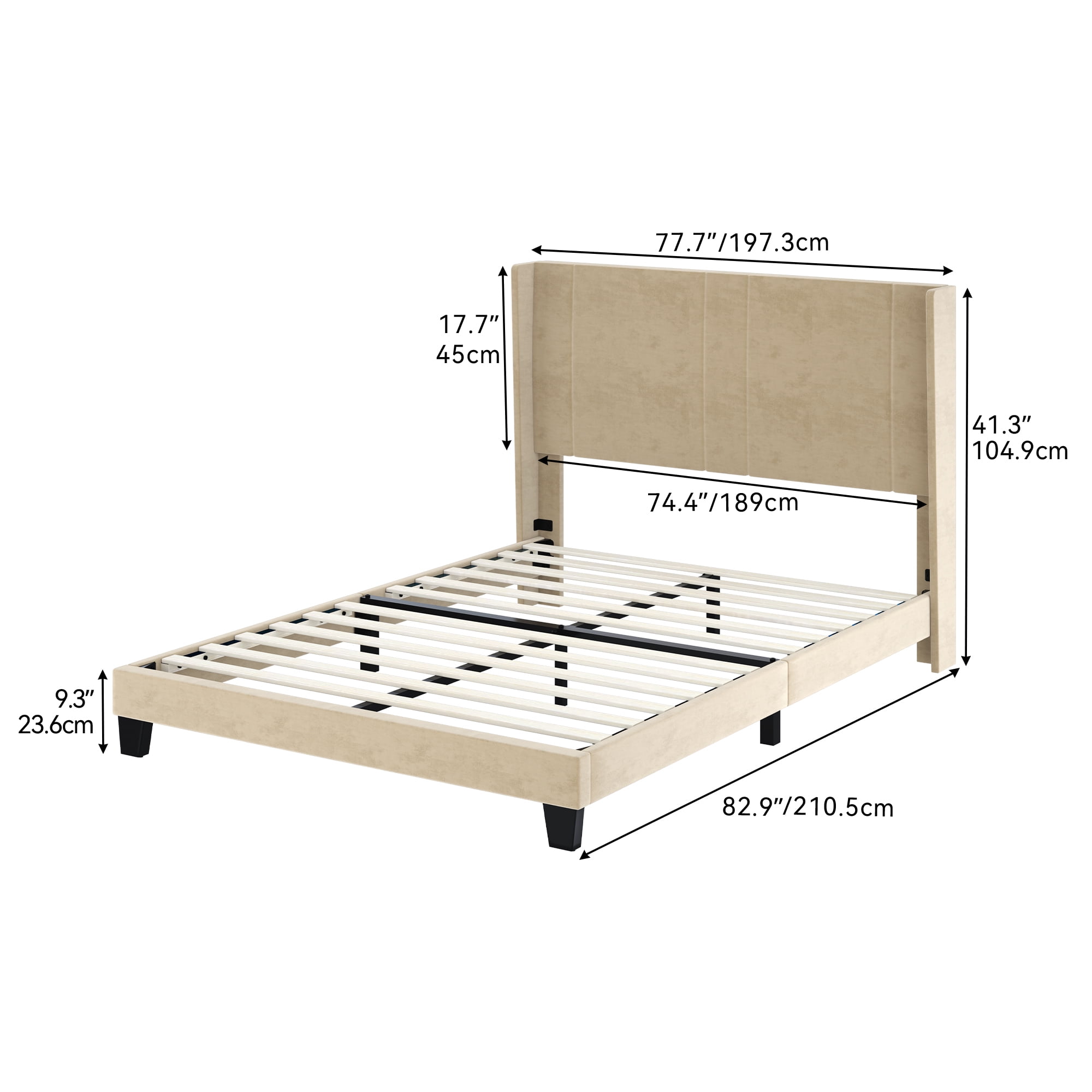 Dextrus Upholstered Bed Frame with Beige Velvet Headboard and Wingback, No Box Spring Needed, Beige