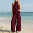 thumbnail image 2 of Womens Solid Color 2 Piece Outfit Set Halter Sleeveless Button Top Pocket Elastic Waist Wide Leg Pants Casual Vacation Matching Suit Wine XXL(XXL), 2 of 7