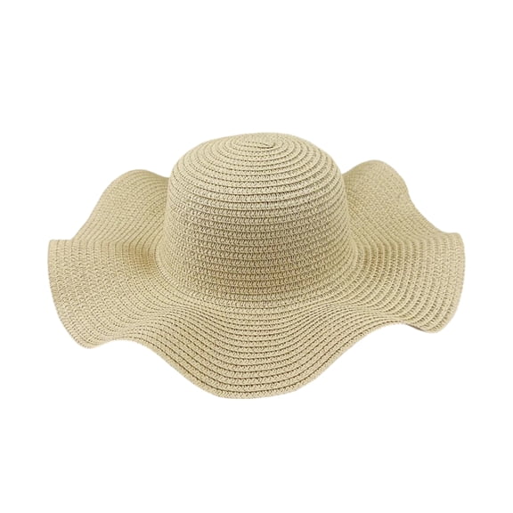 Elegant Scalloped Edge Sun Hat Wide Brim Straw Beach Cap Foldable Summer UV Protection Headwear Beige