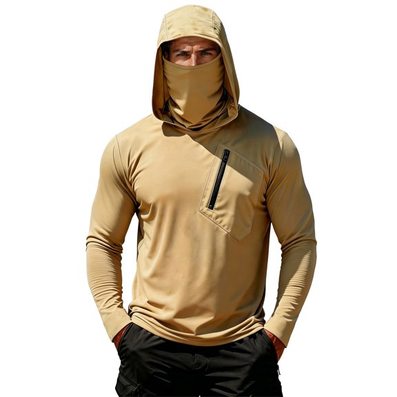 Men's UPF 50 Sun Hoodie Long Sleeve Hooded Fishing Shirt Solid Pullover Cooling Ice Silk Breathable Quick-Dry Moisture Wicking 4-Way Stretch for Commute Fishing Hiking Khaki M
