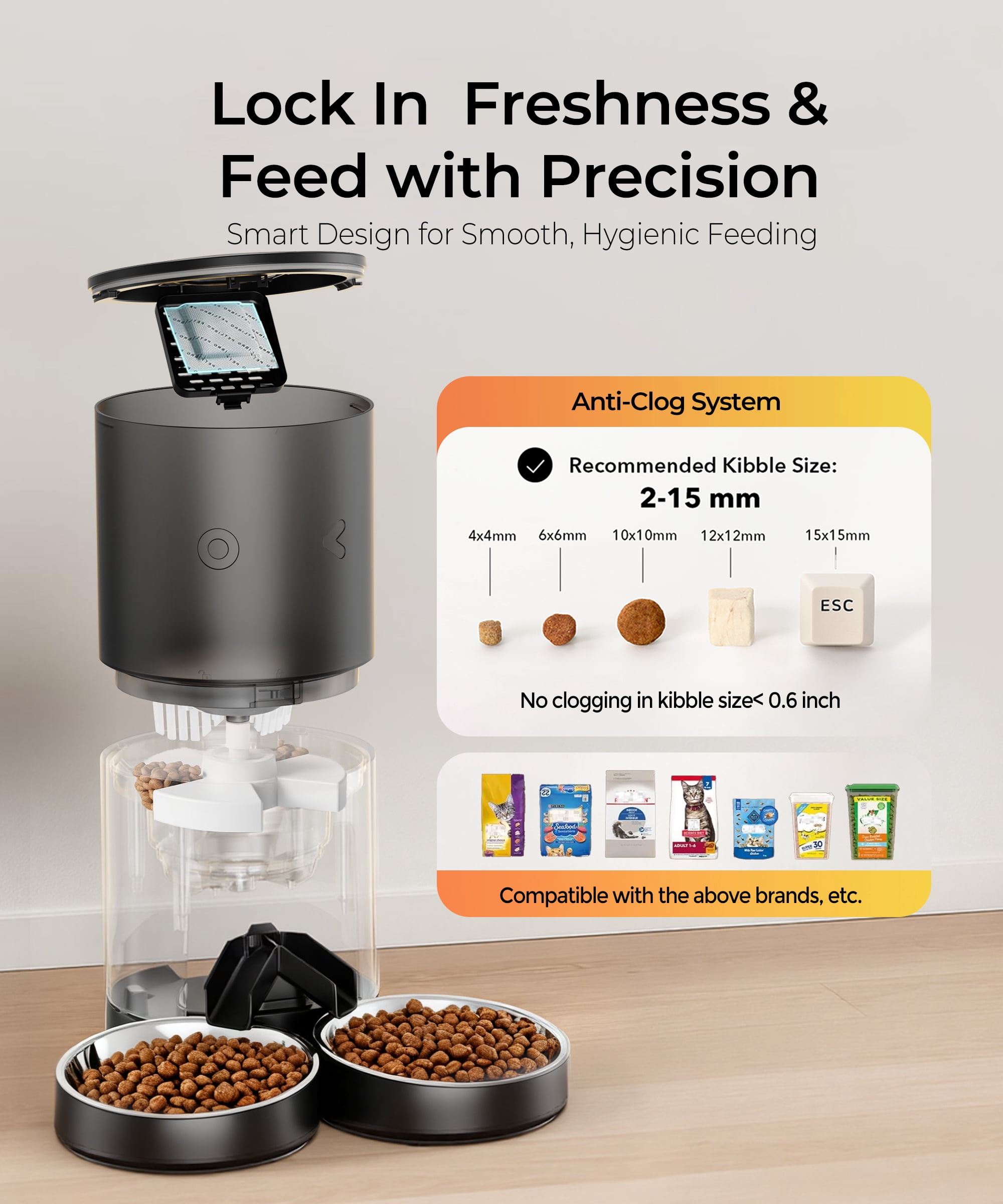 Tolobeve Automatic Cat Feeder for 2 Cats, 2-Way Splitter Timed Cat Dry Food Dispenser with 2 Bowls