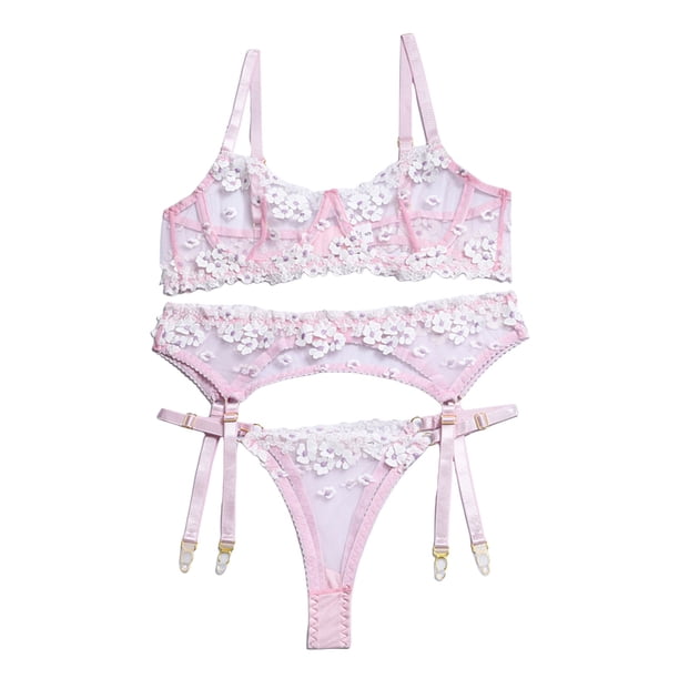 Gibobby Conjunto ropa interior mujer Conjunto de ropa interior de encaje para mujer, conjunto de ropa interior y ropa interior de encaje con correa(Rosa, CH)