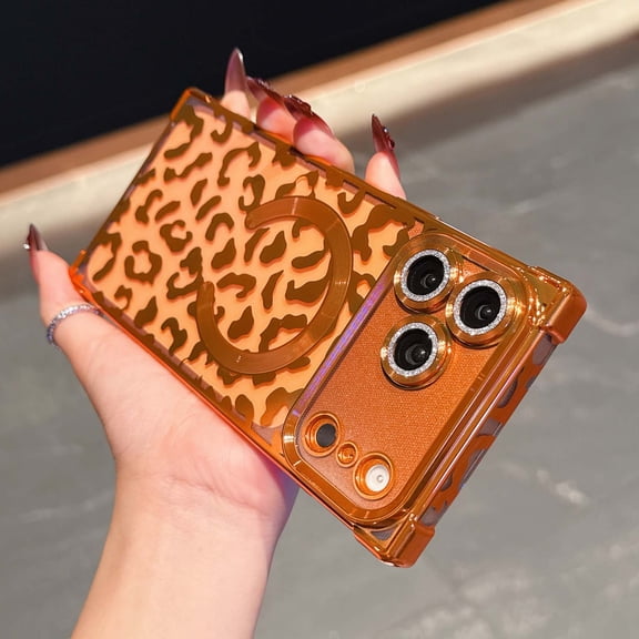 Designed iPhone 17 Pro Magnetic Phone Case,Luxury Leopard Cheetah Pattern Plating Frame Design,Built-in Lens Film,Compatible with Mag-Safe,Shockproof Transparent Phone Case,Orange