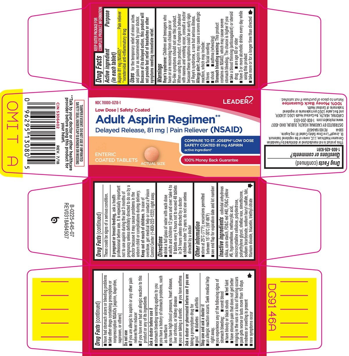 Leader Aspirin Delayed Release Tablets, 81mg, 120 Count