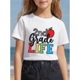 thumbnail image 1 of Camiseta informal de cuello redondo para niña - Estampado gráfico "Vida de segundo grado", manga corta, top de punto de verano para jugar al aire libre y ropa informal, camisetas para niñas, ropa par, 1 of 7