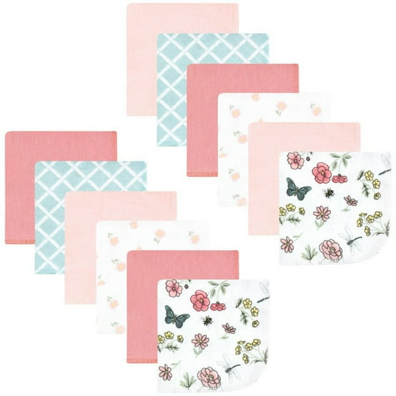 Hudson Baby Infant Girl Flannel Cotton Washcloths, Hummingbird Garden 12 Pack, One Size