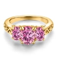 thumbnail image 3 of Gem Stone King 18K Yellow Gold Plated Silver Pink Moissanite Filigree Style 3 Stone Ring for Women (2.30 Cttw, Oval 8X6MM and 6X4MM, Available in Size 5, 6, 7, 8, 9), 3 of 6