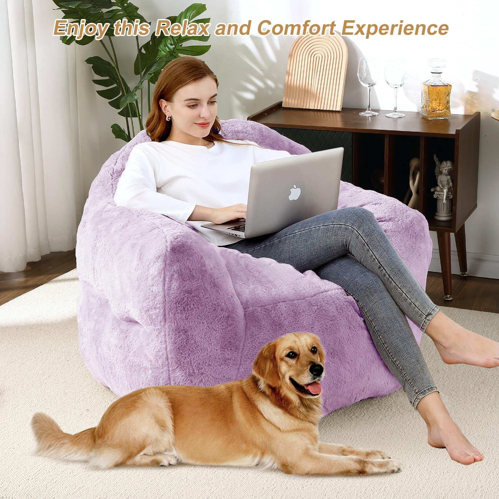 Oversized Cozy Bean Bag Chair for Adults – Supportive Backrest & Wide Armrests, High Density Foam, Easy to Clean – For Living Room, Bedroom, Gaming, Reading Nook – Lightweight & Portable – Purple