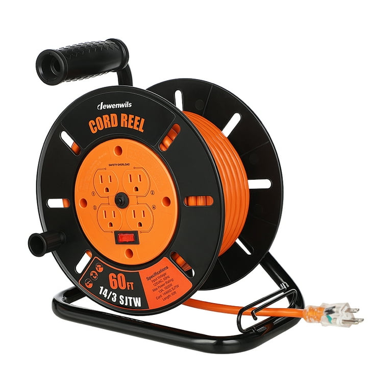 DEWENWILS 60FT Extension Cord Reel with 4-Grounted Outlets, Electric cord  reel with 14/3 AWG SJTW Cord 