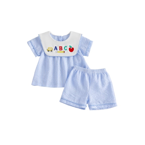 BemeyourBBs Kids Toddler Baby Boy Girl Back to School Outfit Pre Kindergarten Outfits Short Sleeve Pencil Apple Embroidery Striped Shirt and Shorts Set Toddler Baby Boy Girl Summer Clothes