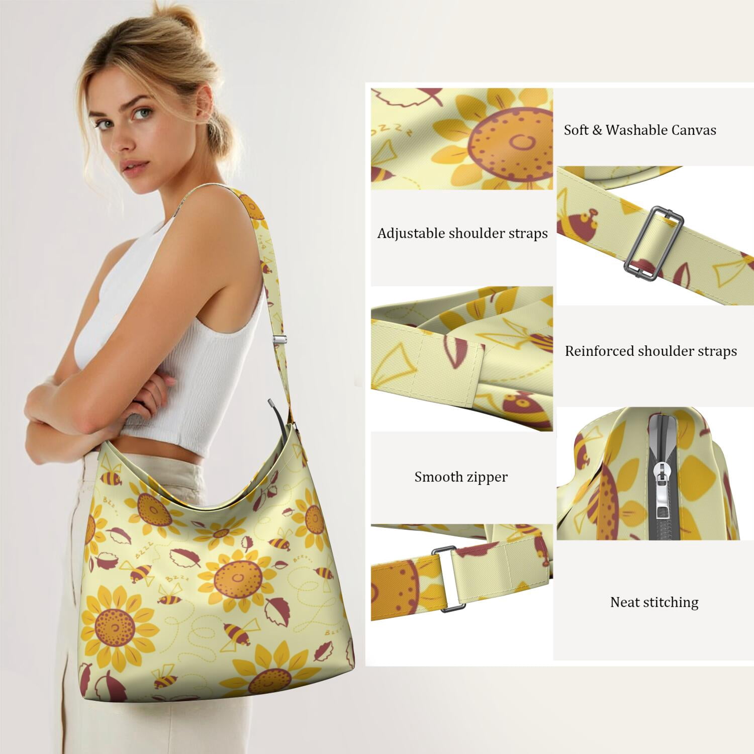 Country Inspired Sunflower Farm Theme Sling Bag - Spacious Work Bag with Multi-Pocket