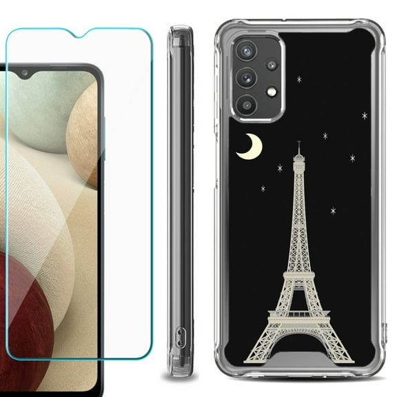 Shockproof Bumper Phone Case for Samsung Galaxy A32 5G, with Tempered Glass Screen Protector, by OneToughShield ® - Eiffel Tower Moon