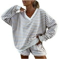 thumbnail image 3 of Bovxnpu Summer Casual Outfits For Women, Oversized Lounge Sets 2 Piece Outfits Sweatsuit, Casual Striped Suit Long-sleeved V-neck Loose Top Sports Shorts Suit XL, 3 of 8