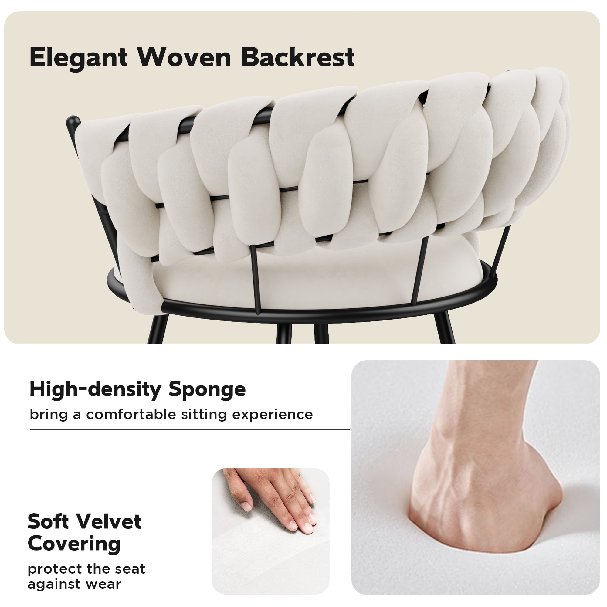 Andeworld 24'' Barstools set of 4, Modern Velvet Bar Stools with Woven Back, Counter Height Barstools with Upholstered Seating, U-Footrest, Ivory